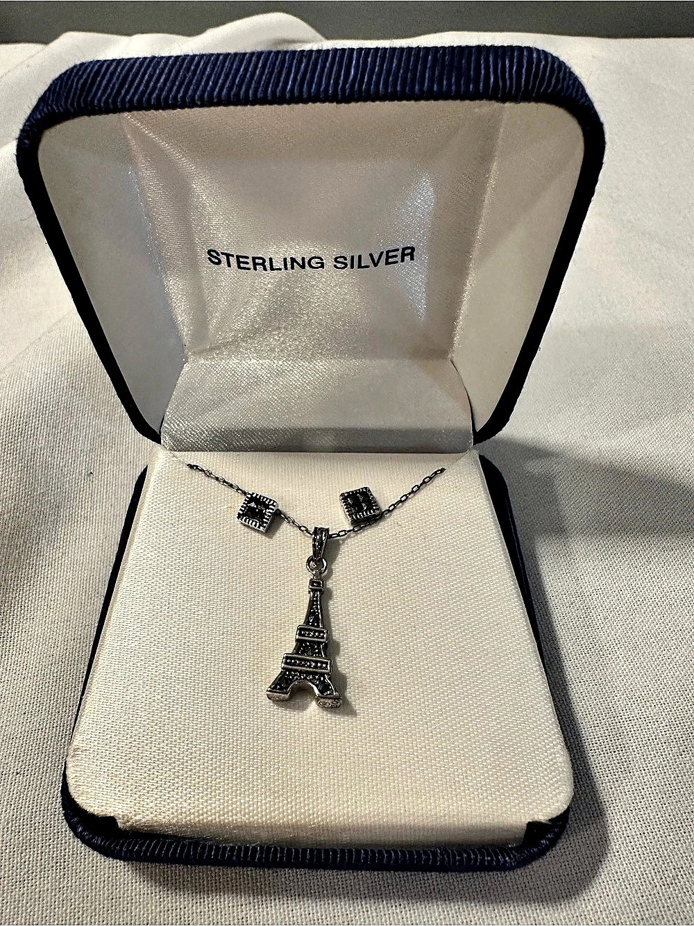 Sterling Silver Eiffel Tower Necklace and earring set, new collection in origina